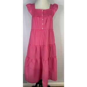Old Navy Tiered Seersucker Maxi Dress Size S Pink Pockets Cottagecore smocked